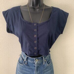 Mapale Navy Blue Snap Front Reversible Black Crop Top Women's Size Large